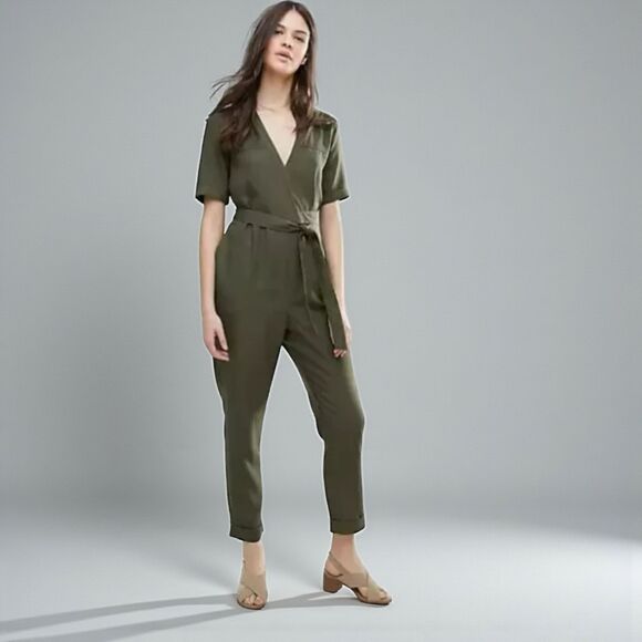 French Connection Olive Tencel Jumpsuit 8 Wrap Tie Military Casual - Picture 15 of 16
